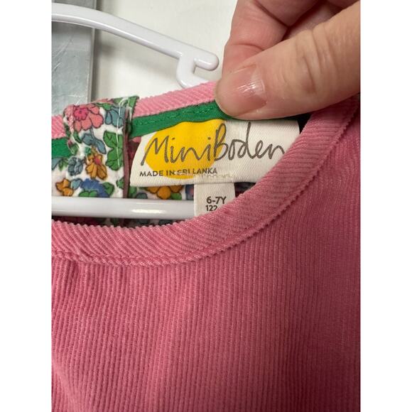 Mini Boden Pink Corduroy Ruffle Slv Trapeze Dress Floral Lining Girls 6-7Y D12 - Picture 3 of 5